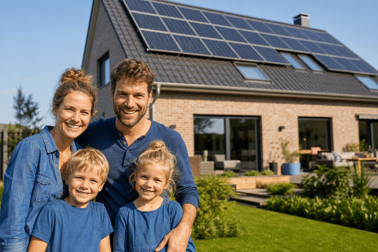 Familie vor Einfamilienhaus mit 10 kWp PV-Anlage in Schleswig-Holstein, ideal für 4-Personen-Haushalt