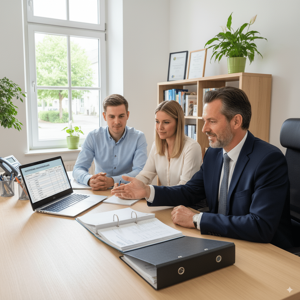 Beratungsgespräch zwischen einem Fachberater und Kunden über Solaranlagen in Schleswig-Holstein in einem modernen Büro