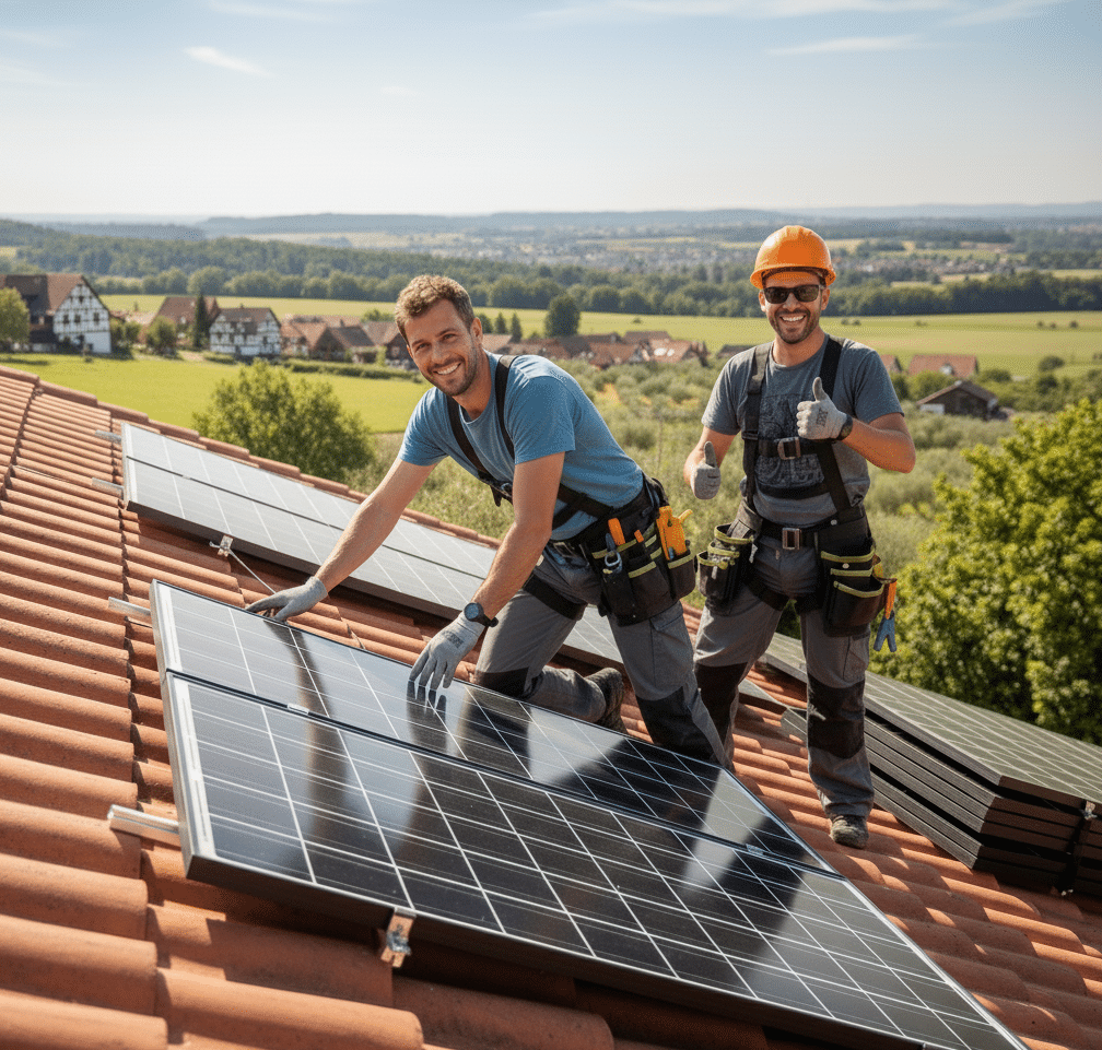 Zwei Handwerker installieren Photovoltaik-Module auf einem roten Ziegeldach in ländlicher Umgebung