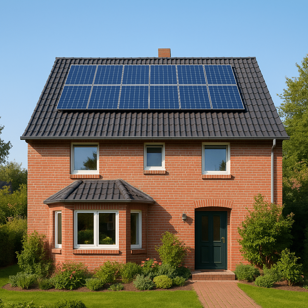 Modernes Einfamilienhaus in Pinneberg mit Photovoltaik-Anlage auf dem Dach für nachhaltige Energiegewinnung.