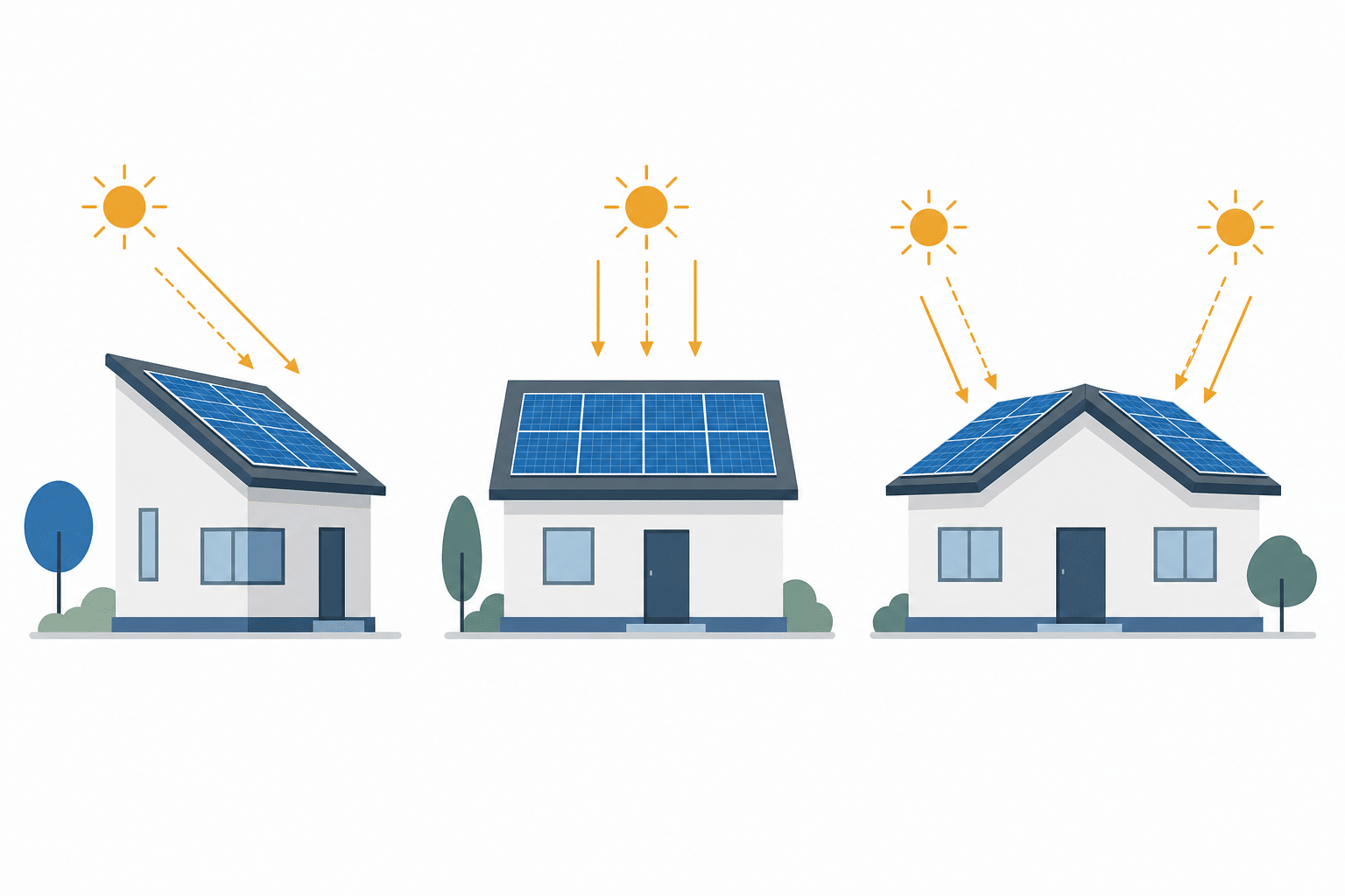 Vergleich dreier Dachausrichtungen: Nordost, Nord und Ost-West mit schematisch dargestellten Solarmodulen.