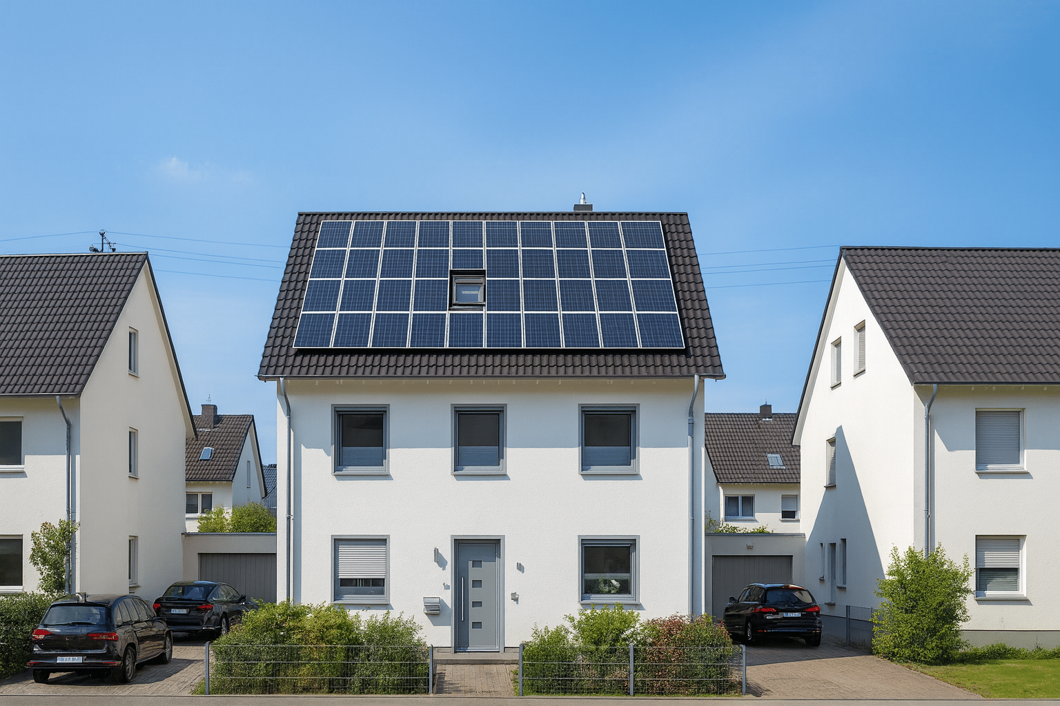 Modernes Einfamilienhaus mit Solaranlage auf dem Dach in Pinneberg bei sonnigem Wetter