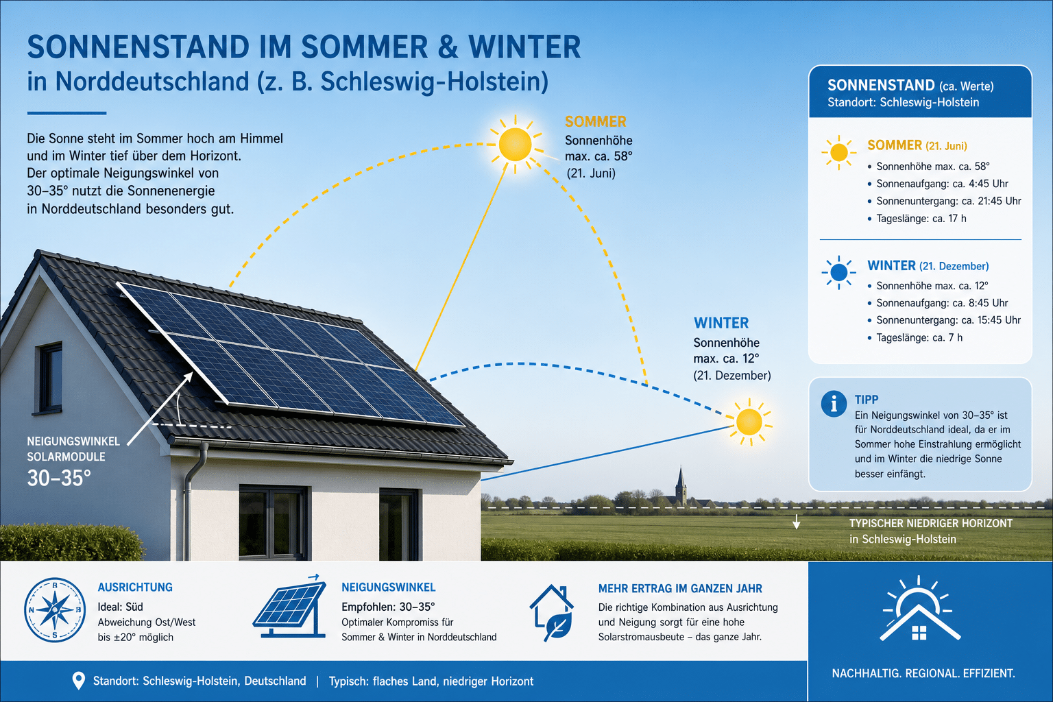 PV-Ertrag Dachneigung Vergleich Sonnenstand Sommer Winter Norddeutschland Schleswig-Holstein